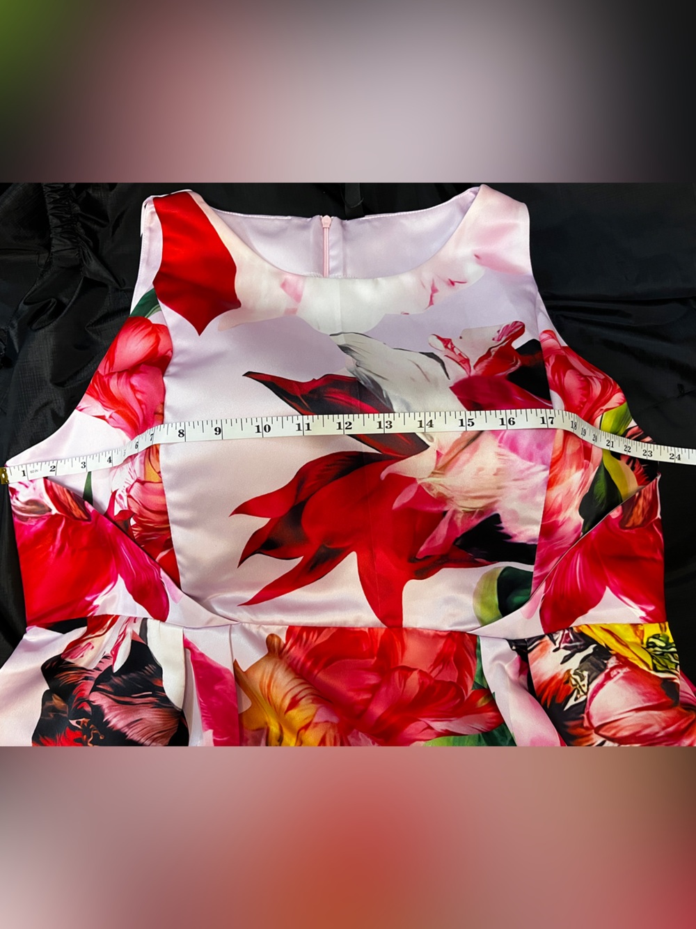 Pink Floral A-Line Dress with Red and Green Blooms - Picture 10 of 14